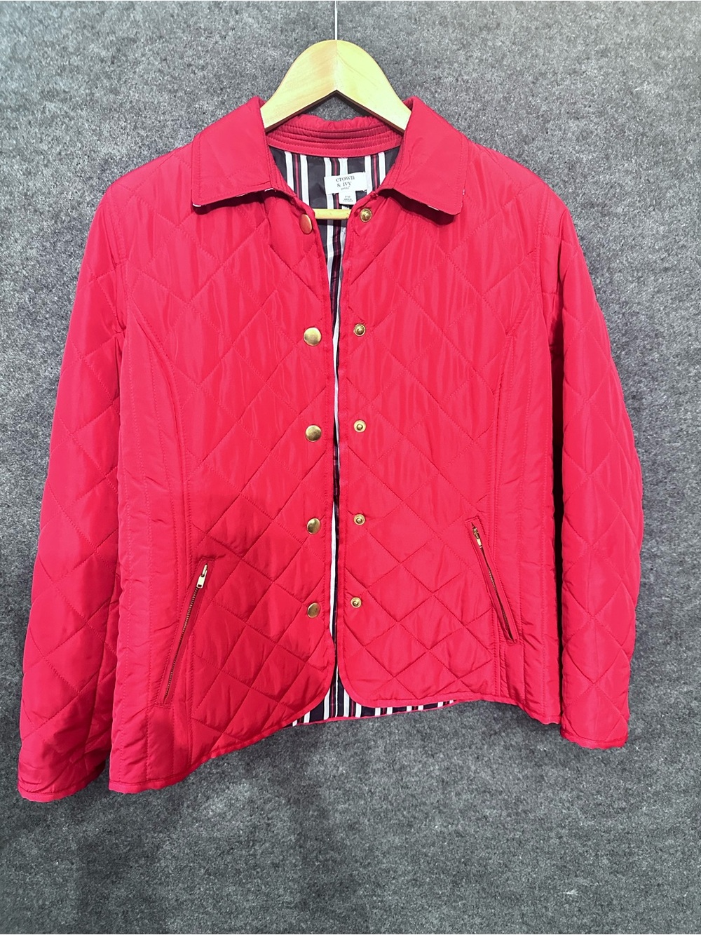 crown & ivy Red Quilted Puffer Jacket with Gold-Tone Hardware